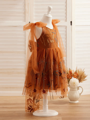 Burnt Orange Lace Tulle Embroidered Toddler Knee Length Flower Girl Dress
