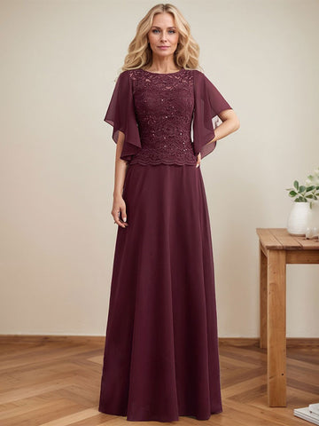 A-line Scoop Illusion Floor-Length Lace Chiffon Mother of the Bride Dress With Sequins