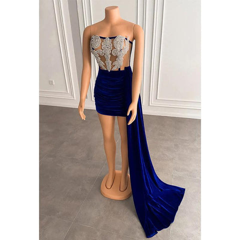 Vestido africano corto de terciopelo con cuentas pesadas y sin tirantes para fiesta de graduación para chica negra 