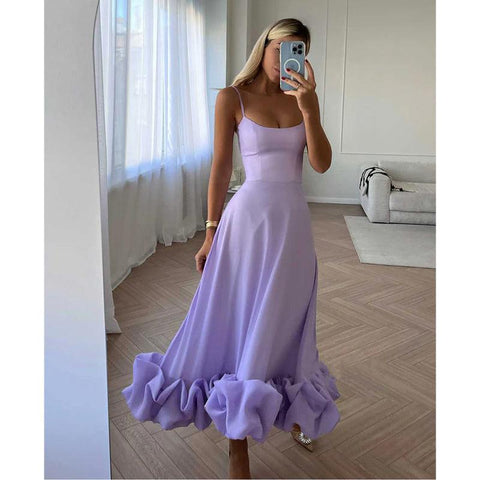 Vestidos de noche formales largos con tirantes finos y volantes redondos 
