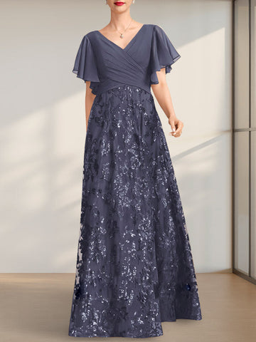 A-line V-Neck Floor-Length Lace Sequin Chiffon Mother of the Bride Dress With Pleated