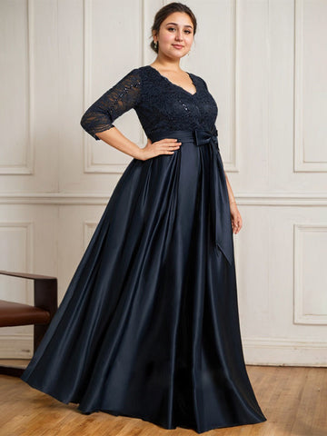 A-line V-Neck Floor-Length Satin Lace Mother of the Bride Dress With Sequins Bow