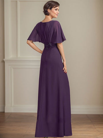 A-line V-Neck Floor-Length Chiffon Mother of the Bride Dress With Pleated Sequins Appliques Lace