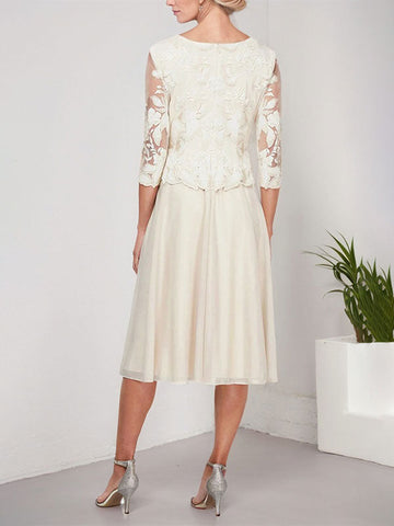 A-line Scoop Tea-Length Lace Chiffon Mother of the Bride Dress With Embroidery