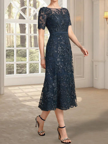 A-line Scoop Illusion Tea-Length Lace Mother of the Bride Dress With Sequins