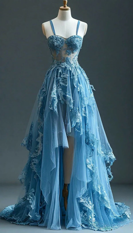 Robe de soirée longue en dentelle bleue à volants et tulle, coupe trapèze, modèle Y8027