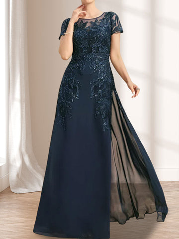 Vestido de novia de corte recto/columna, escote redondo, ilusión, largo hasta el suelo, de encaje y gasa con lentejuelas.