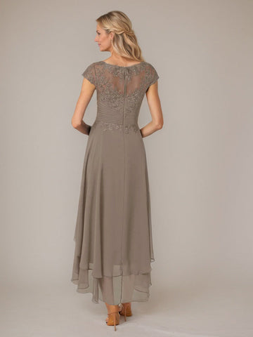 A-line Boat Neck Illusion Asymmetrical Chiffon Lace Mother of the Bride Dress With Applique Pleats