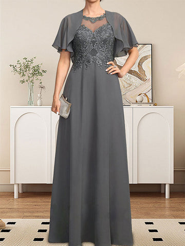 A-line Scoop Illusion Floor-Length Lace Chiffon Mother of the Bride Dress With Sequins