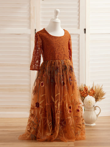 Burnt Orange Lace Tulle Embroidered Ankle Length Flower Girl Dress