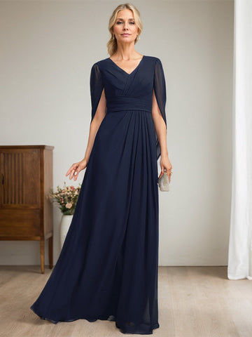 Dark Navy A-Line V-Neck Long Mother of Bride Dress