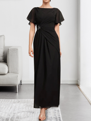 A-line Scoop Ankle-Length Chiffon Mother of the Bride Dress With Beading Pleated