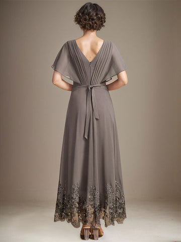 A-line V-Neck Asymmetrical Lace Chiffon Mother of the Bride Dress With Pleated