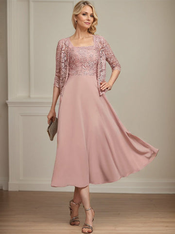 A-line Square Tea-Length Chiffon Lace Mother of the Bride Dress With Sequins Beading