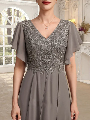 A-line V-Neck Ankle-Length Lace Chiffon Mother of the Bride Dress With Cascading Ruffles