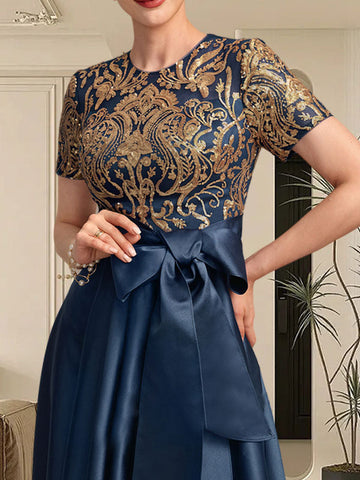 Robe de mère de la mariée asymétrique en satin à sequins et dentelle, coupe trapèze, ornée d'un nœud.