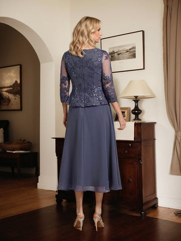 A-line Scoop Tea-Length Lace Chiffon Mother of the Bride Dress With Sequins