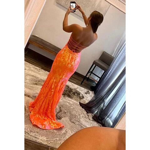 Vestido formal de noche de graduación sin mangas con cuello en V, lentejuelas y cordones, corte trompeta/sirena