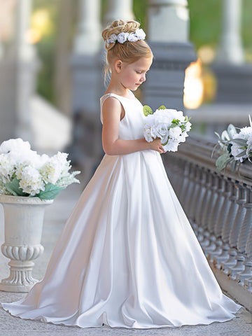 A-line Lace Satin Floor-length First Communion Flower Girl Dress