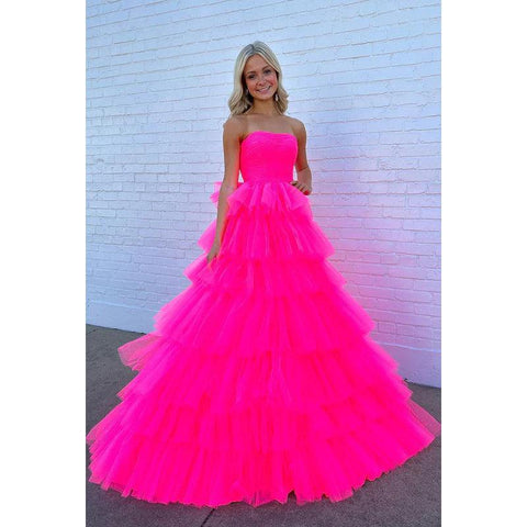 Vestido de fiesta largo de tul en forma de A, sin tirantes, color rosa intenso