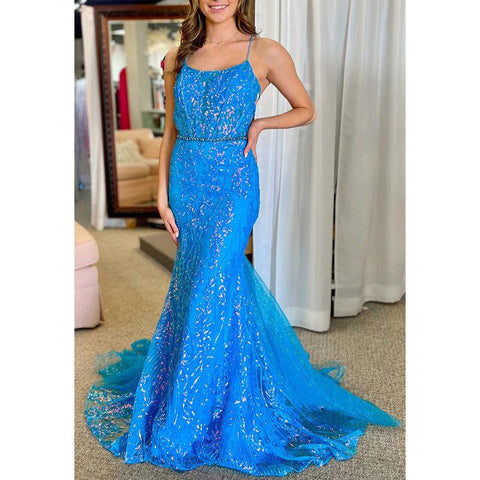 Vestido de fiesta de graduación con tirantes finos brillantes y apliques de encaje estilo trompeta 