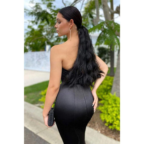 Vestido de fiesta largo de sirena de satén negro con escote corazón 