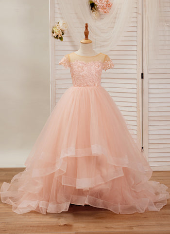 Ball-Gown/Princess Lace Tulle Sweep Train Pink Dress (2003226644)