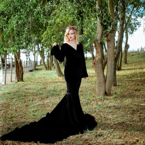 Gold velvet pregnant woman V-neck drag-tail dress long skirt photography dress fishtail skirt