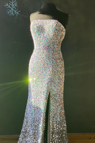 Robe de bal longue bustier à sequins avec fente sur le devant
