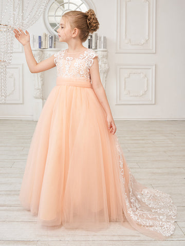 A-line Lace Tulle Sweep Train Pink Flower Girl Dress