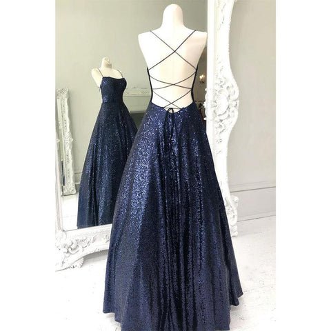 Robe de bal scintillante à paillettes bleu marine unique 