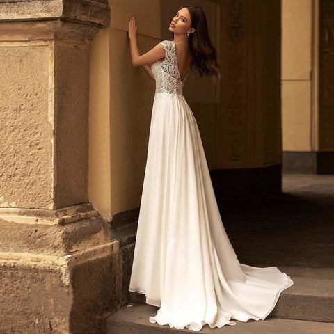 #001 Modern V-Neck Wedding Dresses Lace Appliques Chiffon Backless Boho A-Line Bride Gown Backless Sweep Train Vestido de novia