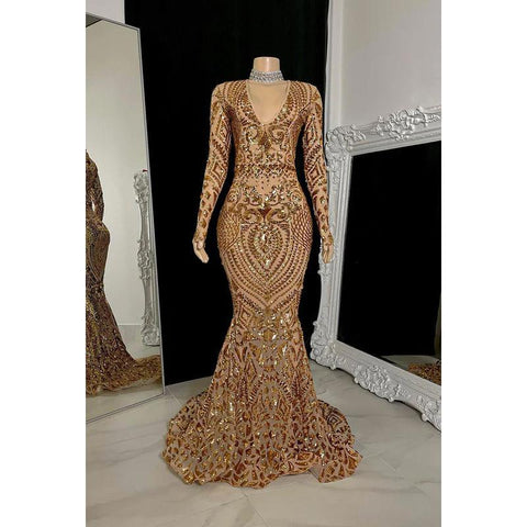 Robe de soirée sirène/trompette à col en V et manches longues à paillettes