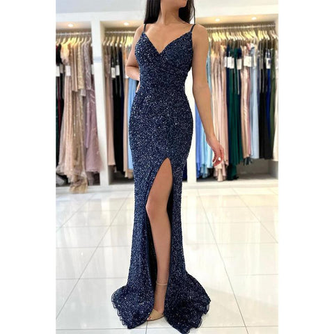 Vestido largo de fiesta formal de sirena con escote en V y tirantes finos y abertura lateral 