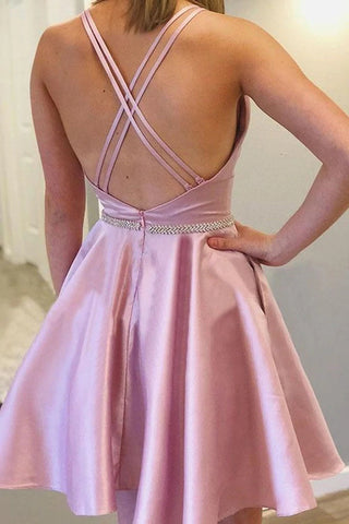A Line Halter Pink Homecoming Dress with Open Back