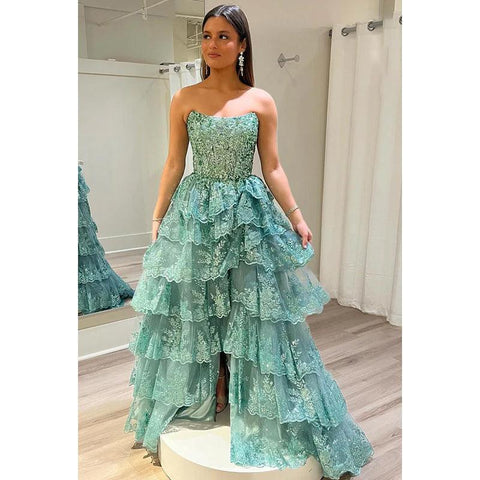 Vestido de fiesta glamuroso y dramático con hombros descubiertos, brillante, corte A, sin mangas y abertura