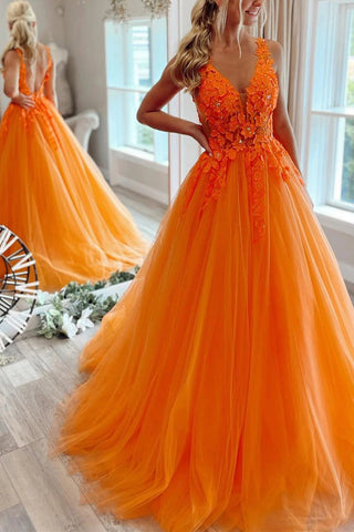 A Line V Neck Orange Prom Dress with Appliques