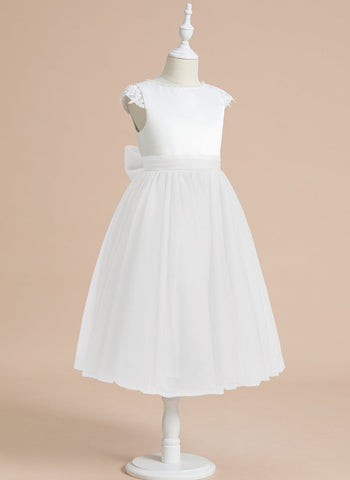 A-line Satin Tulle Tea-length First Communion Flower Girl Dress