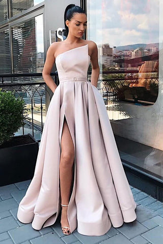 A Line Strapless Blue Long Prom Dress with Slit