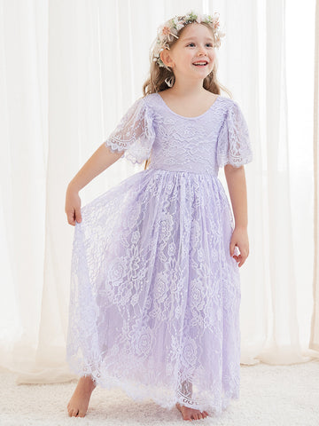 A-line Lace Ankle-length Ivory Boho Flower Girl Dress