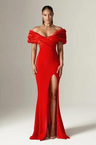Off Shoulder Ruched Slit Satin Maxi Prom Dress