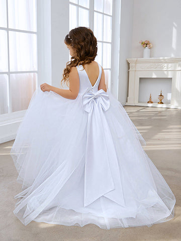 Classic White A-line Sleeveless Satin and Tulle Flower Girl Dress