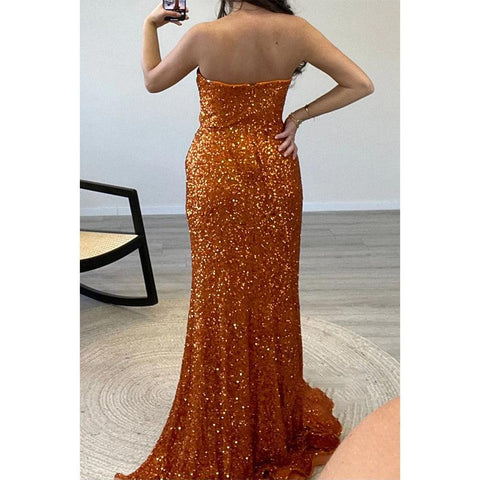 Robe de soirée longue à plis et paillettes, fourreau/colonne, sans bretelles 