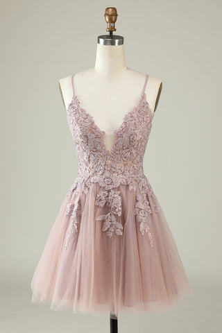 A Line Spaghetti Straps Tulle Short Homecoming Dress with Appliques