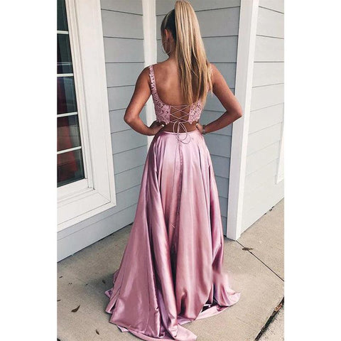 Vestido de fiesta de dos piezas de satén burdeos con tirantes dobles y parte superior de encaje y bolsillos 