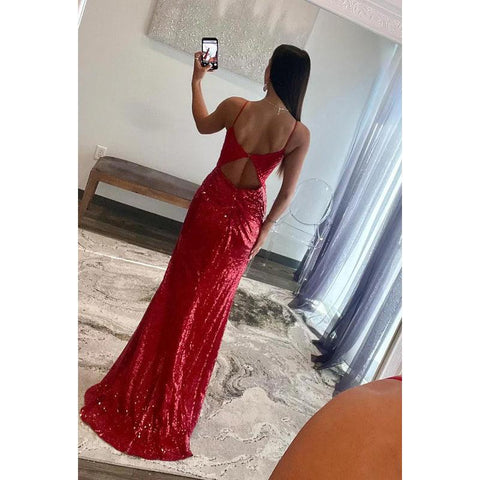 Vestido de noche sexy y atractivo con lentejuelas rojas, tirantes finos, escote en V, corte tubo, espalda descubierta y abertura para fiesta de graduación.
