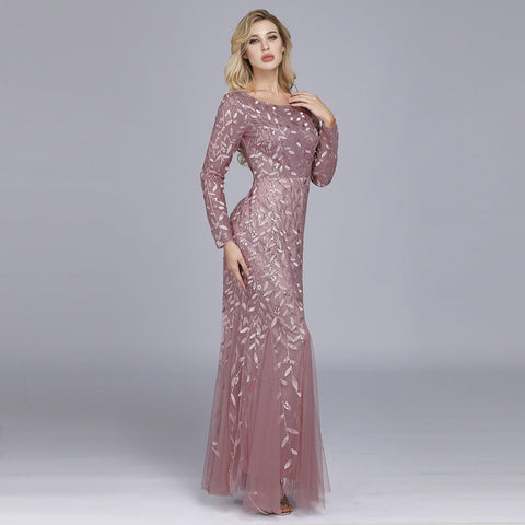 Spring Multi-Color Long Sleeve round Neck Fishtail Banquet Evening Dress for Women