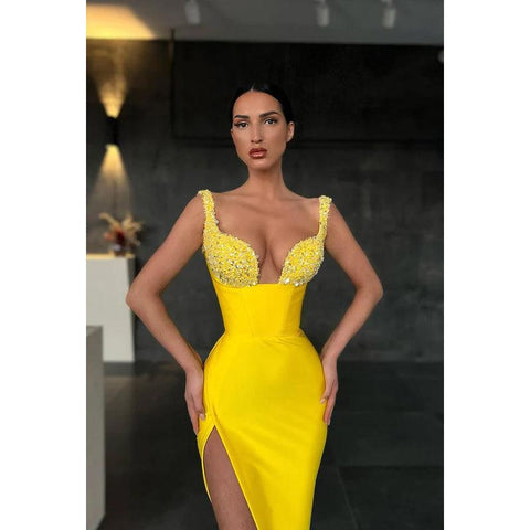 Robe de soirée longue fourreau à paillettes et col en V avec fente