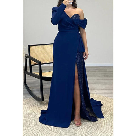 Vestido de fiesta largo de corte A con cuentas y un hombro sexy 