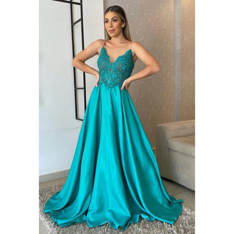 Vestido de noche formal largo con apliques de encaje y tirantes finos para mujer 